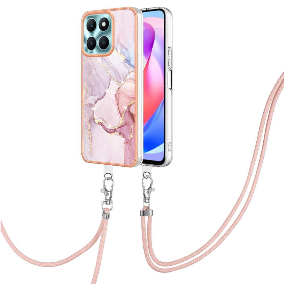 (Pink) Case For Honor X6a Bumper Anti-Scratch Soft Crossbody Lanyard Strap Marble Pink 764762635886