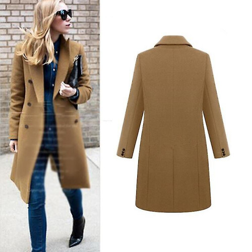 (Black, M) Women Wool Blend Coat Lapel Mid-long Coat 2