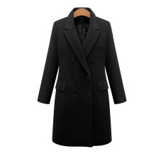 (Black, M) Women Wool Blend Coat Lapel Mid-long Coat
