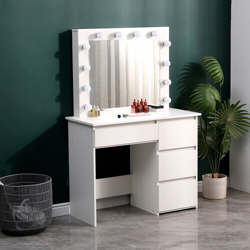 Living And Home White Hollywood Dressing Table with 4 Drawers and Large LED Lighted Mirror