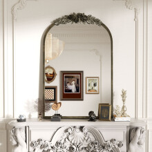 Vintage Baroque Arched Brass Wall Mirror with Handcrafted Resin Rose Molding – Antique Gold Frame