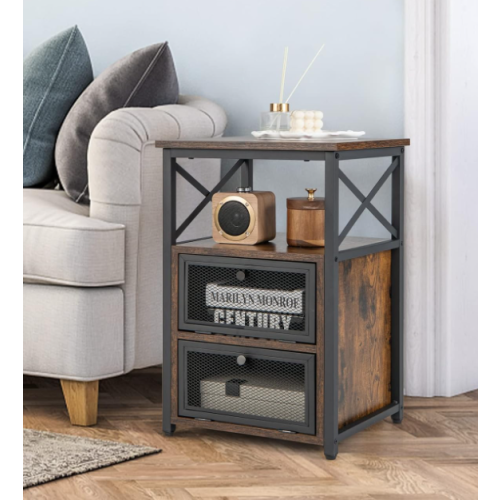 Industrial Bedside Table Rustic Metal Side Cabinet Vintage Storage Shelf Unit