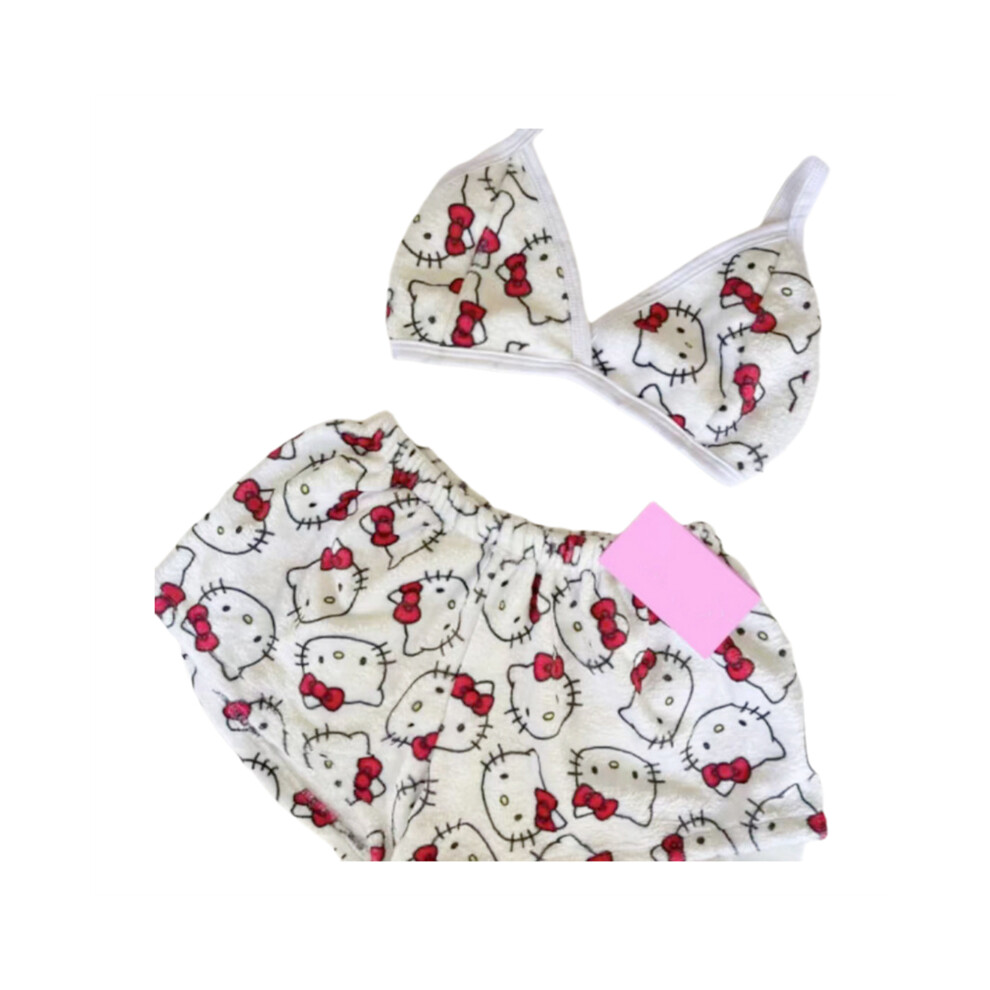 (White, M 45-60KG) Hello Kitty Loose Ladies Pajama Two-Piece Womens Cartoon Pajamas