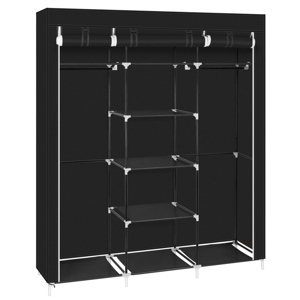 Portable Clothes Closet Double Rod Storage Organizer Non-Woven Fabric Wardrobe ﻿