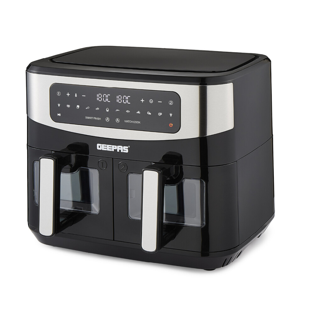 Geepas Dual Zone Digital Air Fryer With Visual Window | 9L Xl Capacity 2 Drawers 10-In-1 Cooking Presets | Touch Screen Smart Finish Timer Function