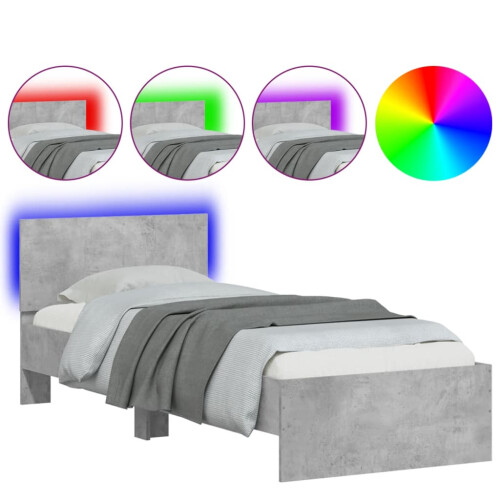 VidaXL vidaXL Bed Frame with Headboard and LED Lights Concrete Grey Small Single 1