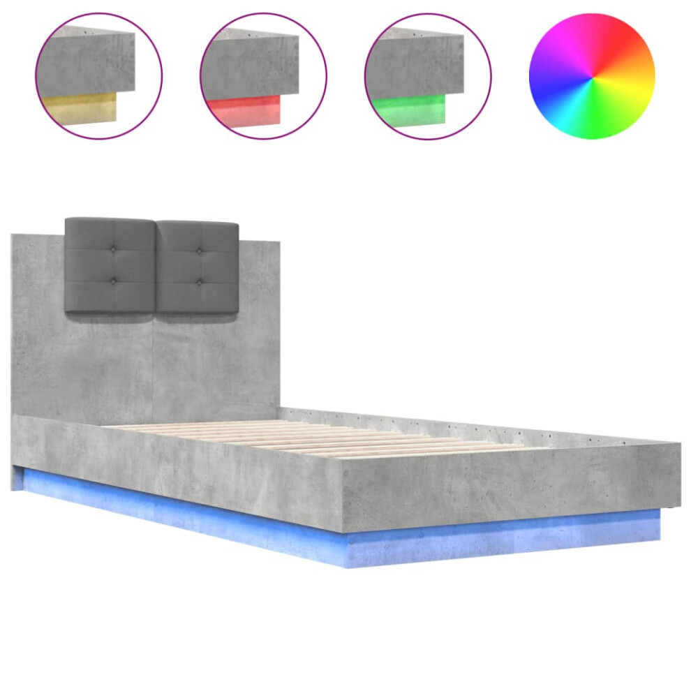 vidaXL Bed Frame with Headboard and LED Lights Concrete Grey Small Single