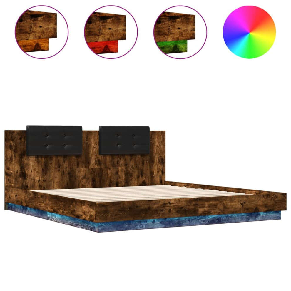 Vidaxl Bed Frame With Headboard & Led Lights Smoked Oak 180X200 Cm Super King