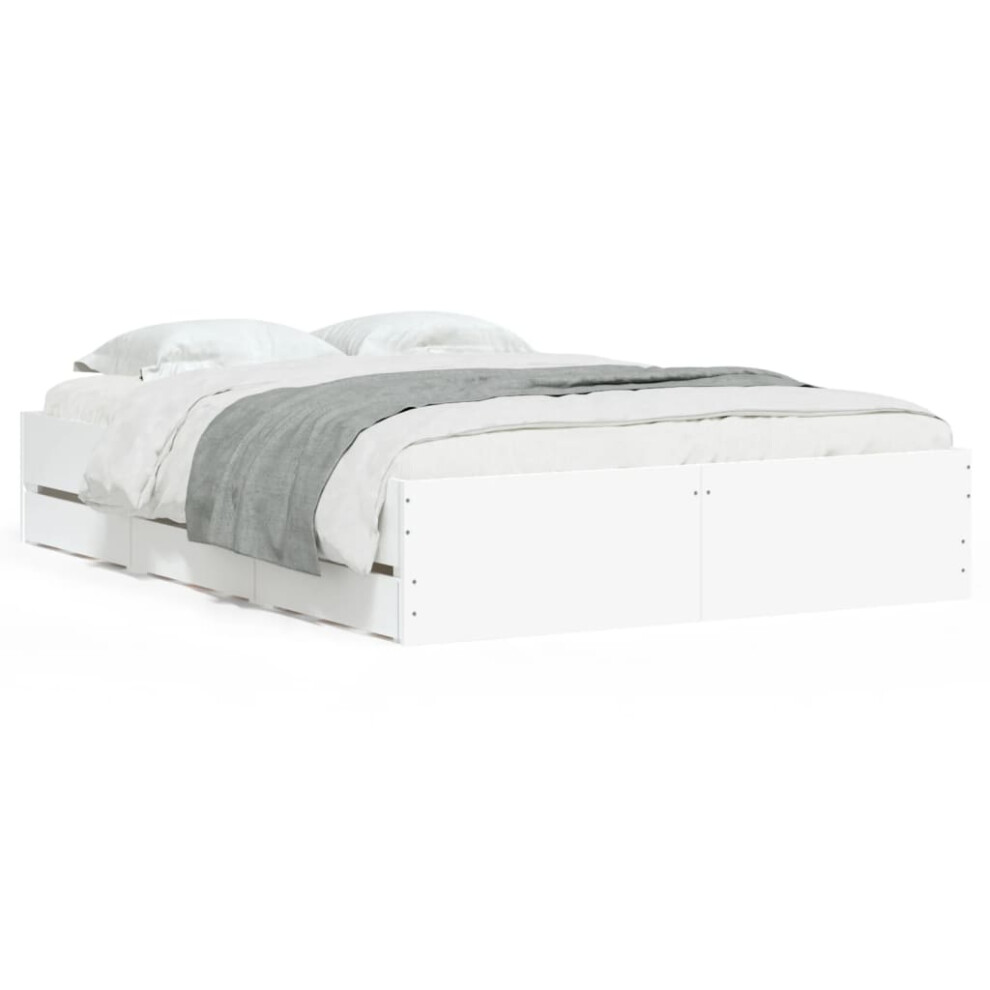 Vidaxl (White, 135 X 190 Cm) Bed Frame With Drawers Mattress Foundation Bed Base Engineered Wood