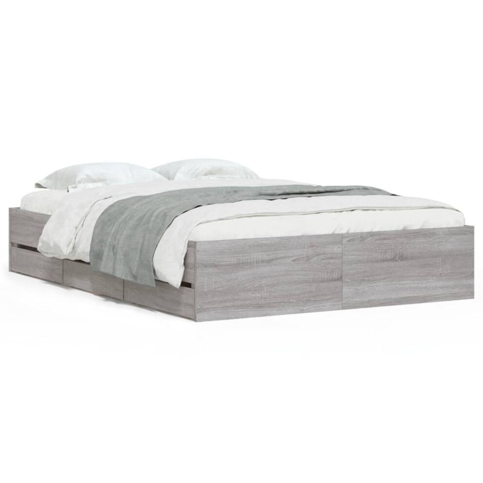 Vidaxl (Grey Sonoma, 135 X 190 Cm) Bed Frame With Drawers Mattress Foundation Bed Base Engineered Wood