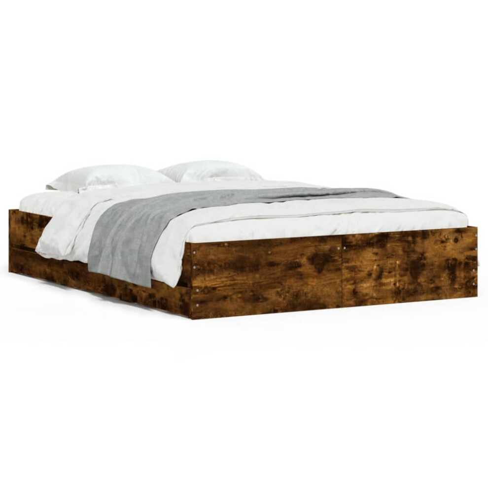 Vidaxl (Smoked Oak, 150 X 200 Cm) Bed Frame With Drawers Mattress Foundation Bed Base Engineered Wood