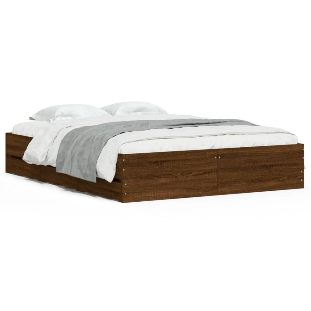 (brown oak, 150 x 200 cm) vidaXL Bed Frame with Drawers Mattress Foundation Bed Base Engineered Wood