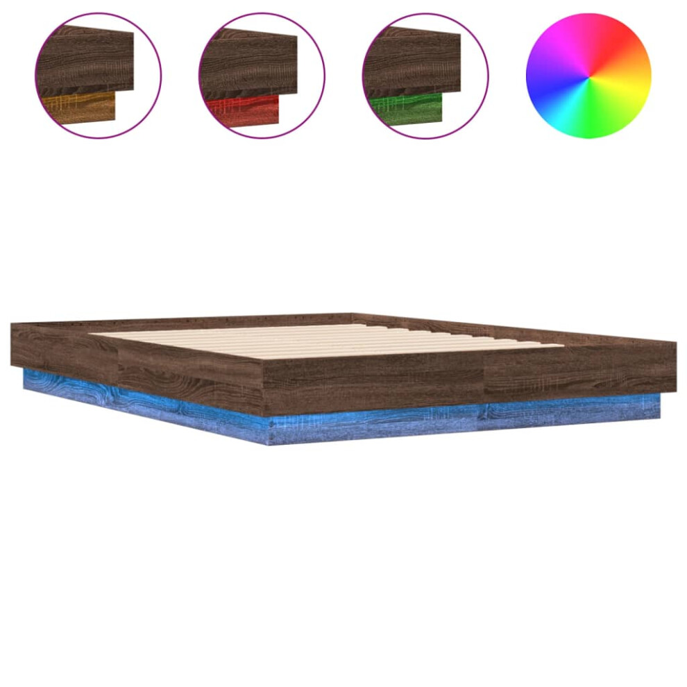 vidaXL Bed Frame with LED Lights Bed Base Brown Oak 120x190 cm Small Double