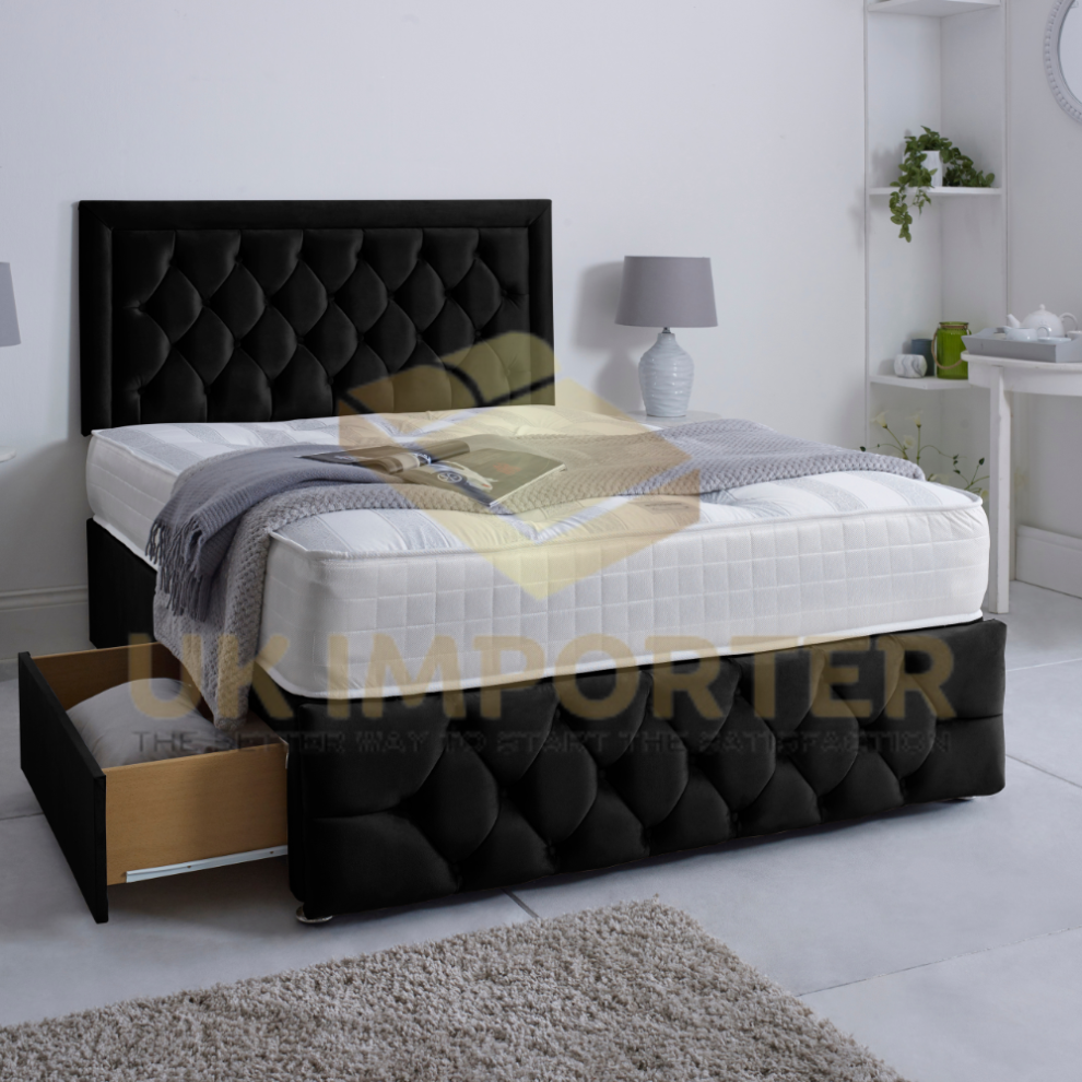 (Black Plush, King 5ft(without Drawer)) LUXURY DIVAN BED 26"HEADBOARD STORAGE DRAWER With MATTRESS