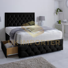 (Black Plush, Super King 6ft(without Drawer)) LUXURY DIVAN BED 26"HEADBOARD STORAGE DRAWER With MATTRESS