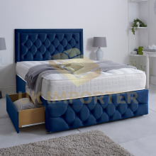 (Blue Plush, Single 3ft(without Drawer)) LUXURY DIVAN BED 26"HEADBOARD STORAGE DRAWER With MATTRESS