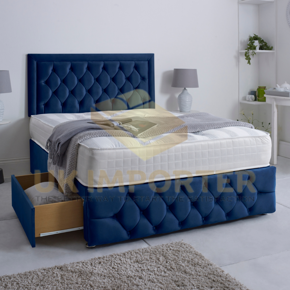 Uk Importer ( Plush, Double 4Ft6"(With 4 Drawers)) Luxury Divan Bed 26"Headboard Storage Drawer With Mattress Blue