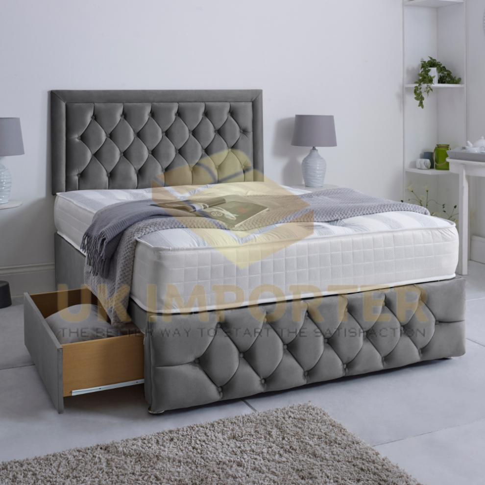 (Grey Plush, Single 3ft(with 2 Drawers)) LUXURY DIVAN BED 26"HEADBOARD STORAGE DRAWER With MATTRESS