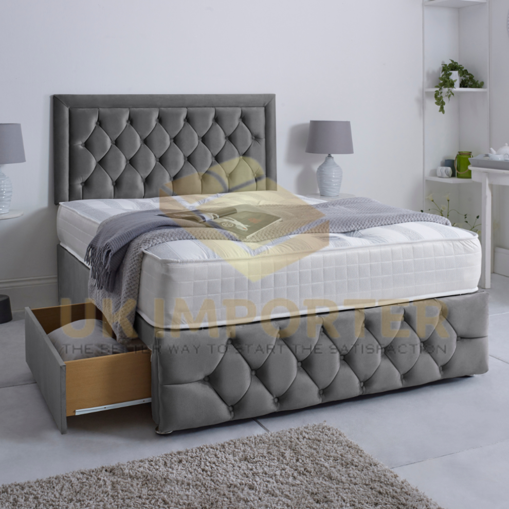 Uk Importer ( Plush, Single 3Ft(With 2 Drawers)) Luxury Divan Bed 26"Headboard Storage Drawer With Mattress Grey