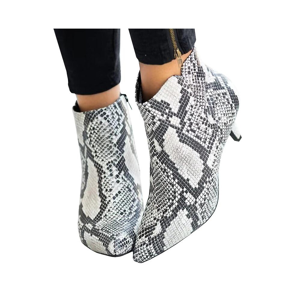(Snake Print, 36) Women Zip Ankle Booties Low Kitten Heel Pointed Toe Shoes