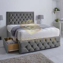 (Grey Plush, Double 4ft6"(with 4 Drawers)) LUXURY DIVAN BED 26"HEADBOARD STORAGE DRAWER With MATTRESS