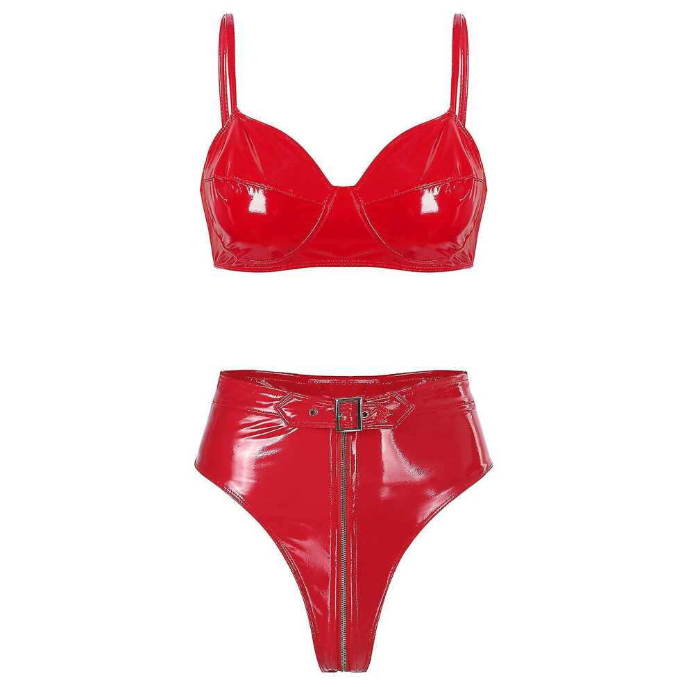 (Red A, XL) Womens Wet Look Patent Leather Clubwear Sexy Intimates Lingerie Underwear Set Wireless Bra Top With High Cut Front Zipper Briefs-image-OPC-PDRQR8D-NEW
