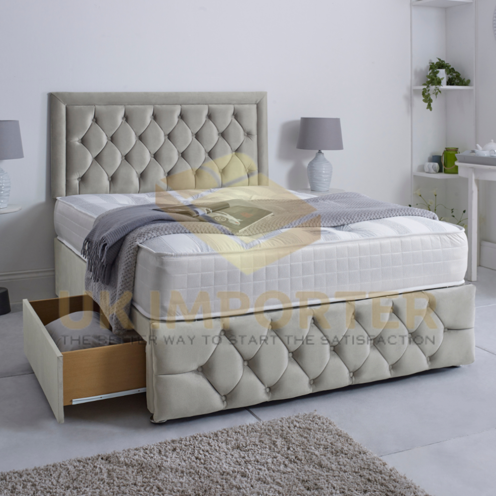 Uk Importer ( Plush, King 5Ft(With 4 Drawers)) Luxury Divan Bed 26"Headboard Storage Drawer With Mattress Silver