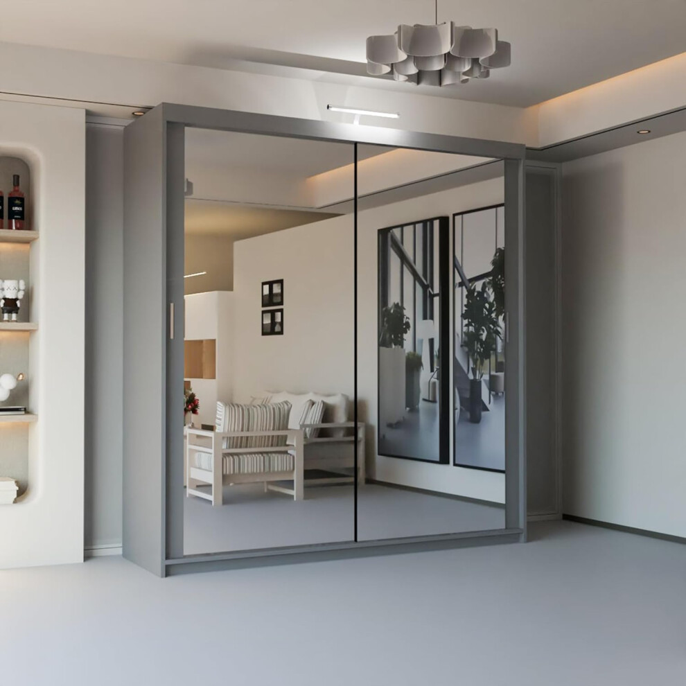 (Grey, 203cm) MN FUNITURE Hamburg Double Sliding Door Wardrobe
