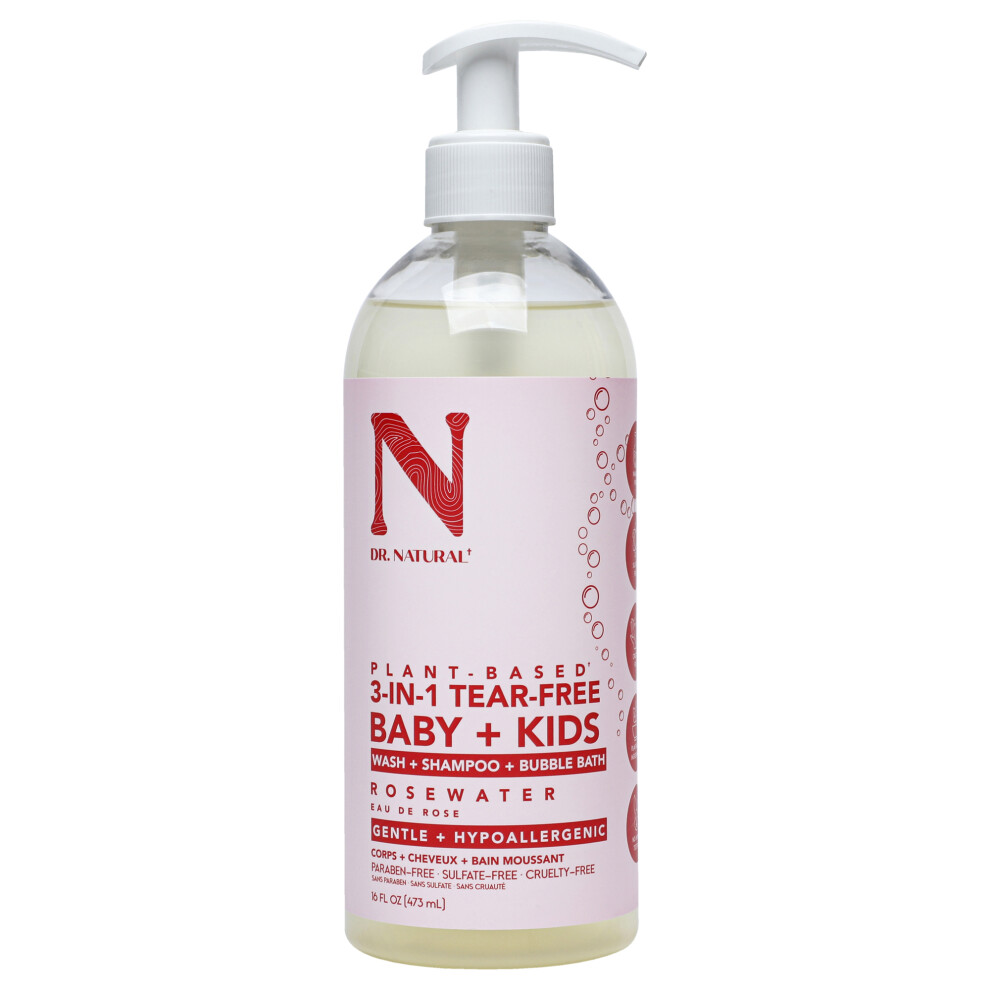 Dr. Natural 3-in-1 Tear-Free Baby Plus Kids Soap - Rosewater for Kids 16 oz Soap