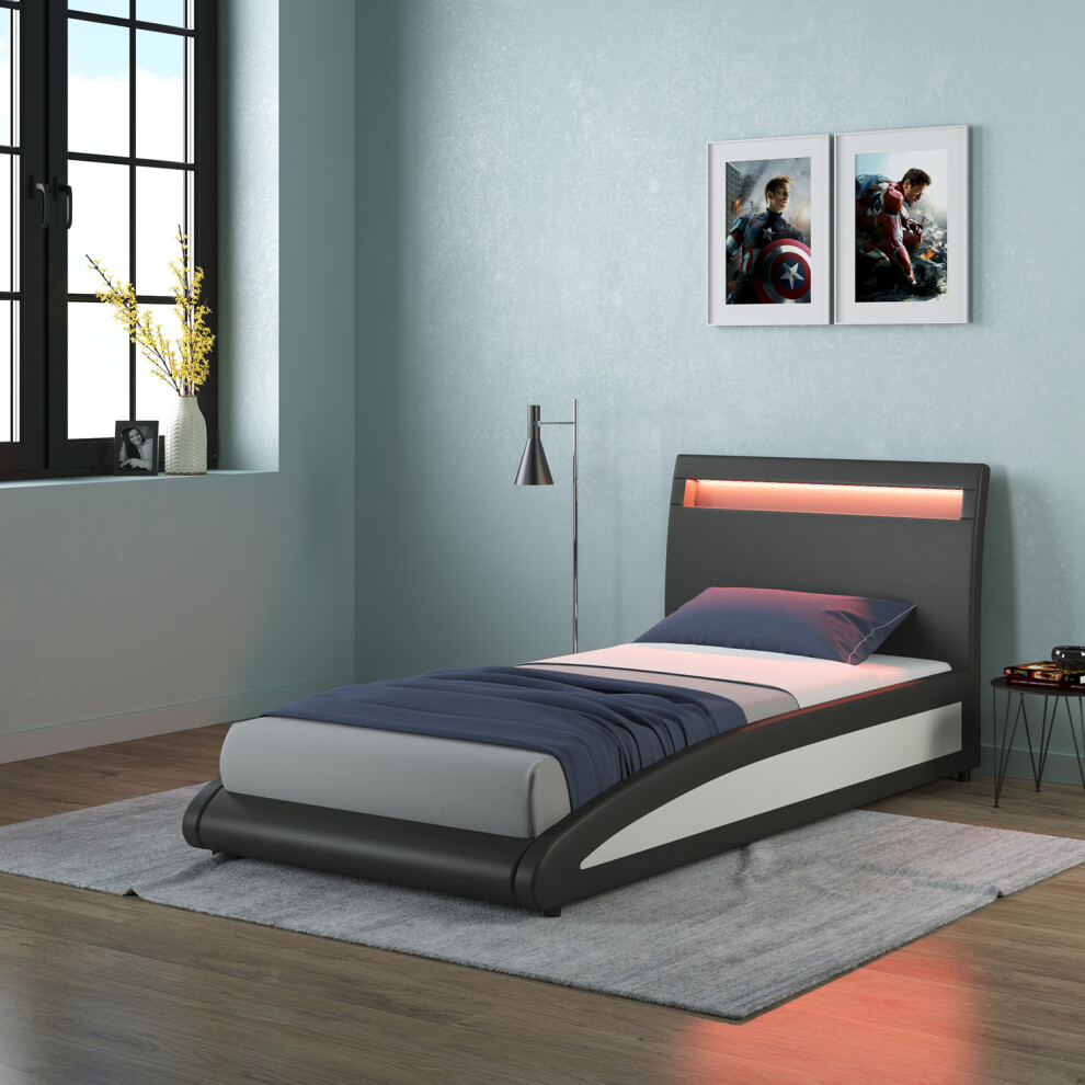(Single, Black) Neptune LED Lights Headboard Gaming Style Faux Leather Bed Frame