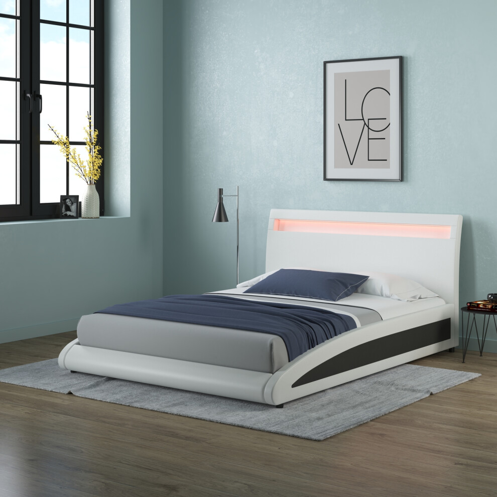 (Small Double, White) Neptune LED Lights Headboard Gaming Style Faux Leather Bed Frame