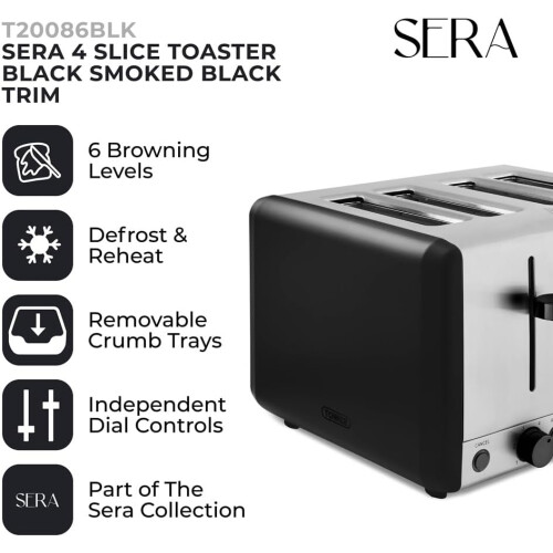 Tower Black 4 Slice Toaster 1800w Smoked Black Trim Tower Sera Kitchen Variable Brown 1