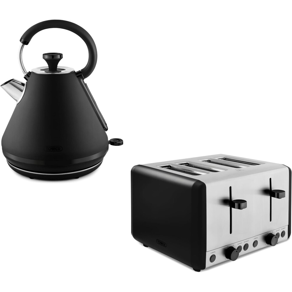 Black Pyramid Kettle Toaster Set Tower Sera 1.7L 3000W 4 Slice Smoked Black Trim