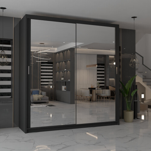 MN Furniture Modern Double Mirrored Sliding Wardrobes Black 120cm