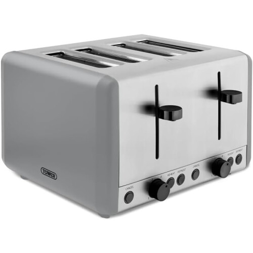 Tower Grey 4 Slice Toaster 1800w Smoked Black Trim Tower Sera Kitchen Variable Brown