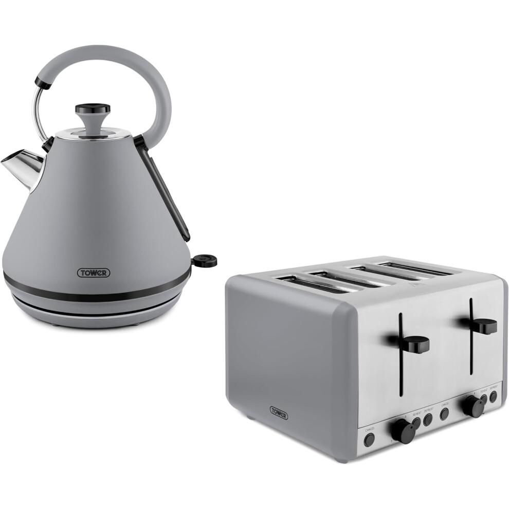 Grey Pyramid Kettle Toaster Set Tower Sera 1.7L 3000W 4 Slice Smoked Black Trim