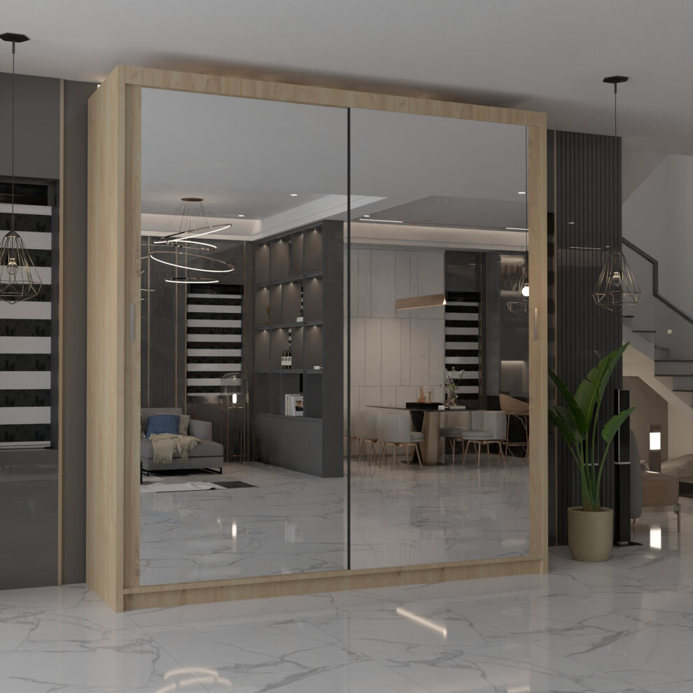 (Oak, 90cm) MN FURNITURE Ice Mirror Sliding Door Wardrobe