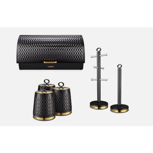 Tower Bread bin Canisters towel Pole Mug Tree Set EMPIRE Black TOWER Kitchen Roll top