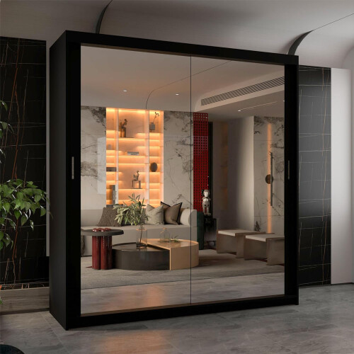 MN Furniture (Black, 100cm) Double Mirror Door - Adjustable Sliding Wardrobe 1