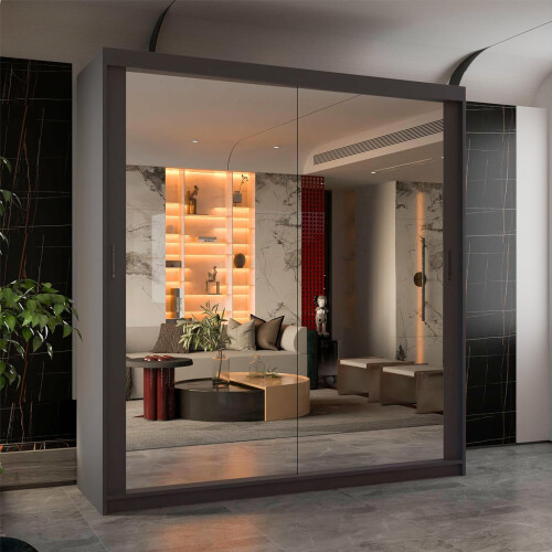 MN Furniture (Grey, 203cm) Double Mirror Door - Adjustable Sliding Wardrobe 1