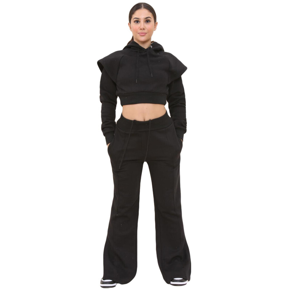 (Black, S) Ladies Crop Hoodie Two-Piece Jogging Tracksuit