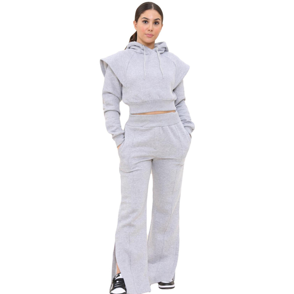 (Grey - PPC-06, XS) Ladies Crop Hoodie Two-Piece Jogging Tracksuit