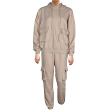 (Sand, XS) Ladies Crop Hoodie Two-Piece Jogging Tracksuit