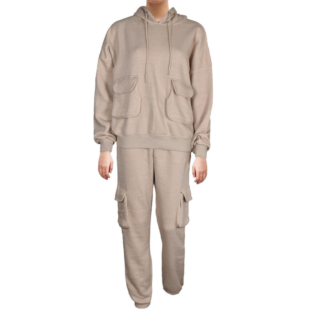 (Sand, XS) Ladies Crop Hoodie Two-Piece Jogging Tracksuit