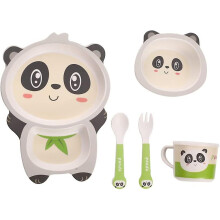 (panda) Children's Cutlery Set Bamboo 5-piece Set With Plate Bowl Cup Fork Spoon (frog)