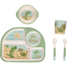(Dinosaur) Children's Cutlery Set Bamboo 5-piece Set With Plate Bowl Cup Fork Spoon (frog)