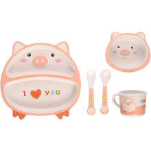 (pig) Children's Cutlery Set Bamboo 5-piece Set With Plate Bowl Cup Fork Spoon (frog)