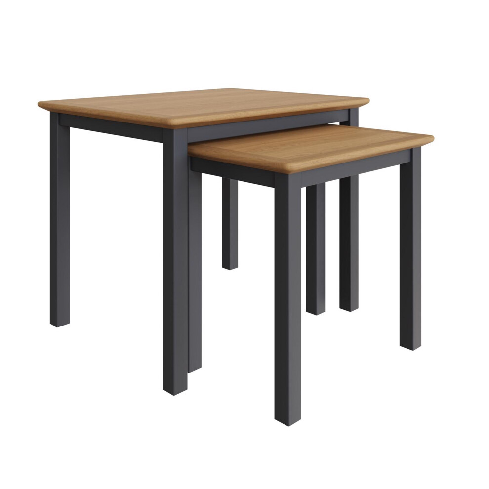 Solid Oak Nest Of 2 Tables Graphite Blue Ready Assembled