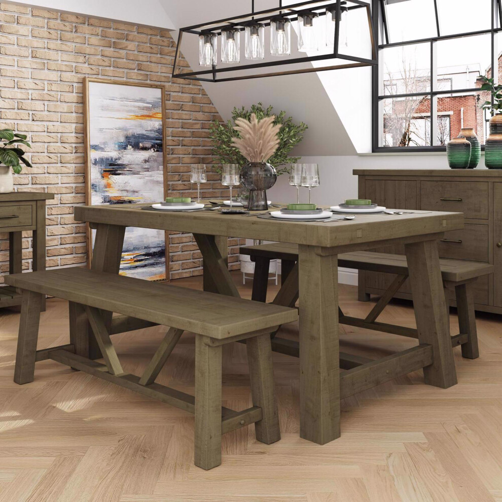 FWStyle Dining Table Set Handcrafted Dining Room Furniture Solid Pine Brown
