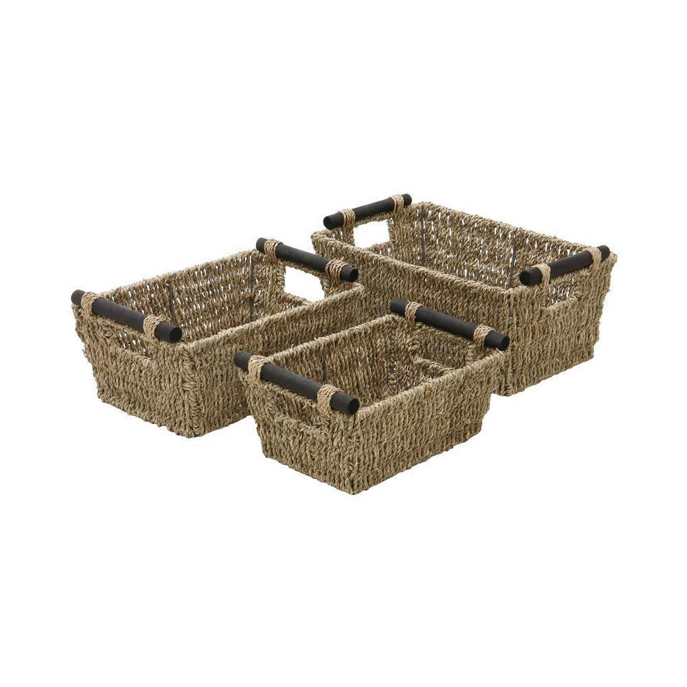 MantraRaj Seagrass Storage Baskets with Wooden Handles Set of 3 Decorative Natural Wicker Baskets for Storage